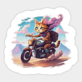 Cat riding a motorcycle in the desert Sticker